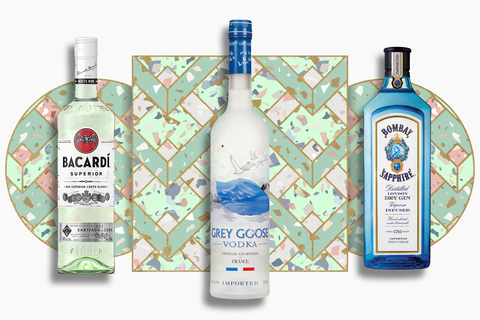 bacardi superior, grey goose and bombay saphirre bottles